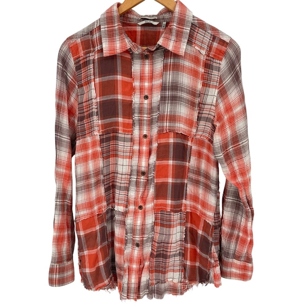 BKE Womens Medium Plaid Button Up Flannel Shirt Long Sleeve‎ Western Patchwork